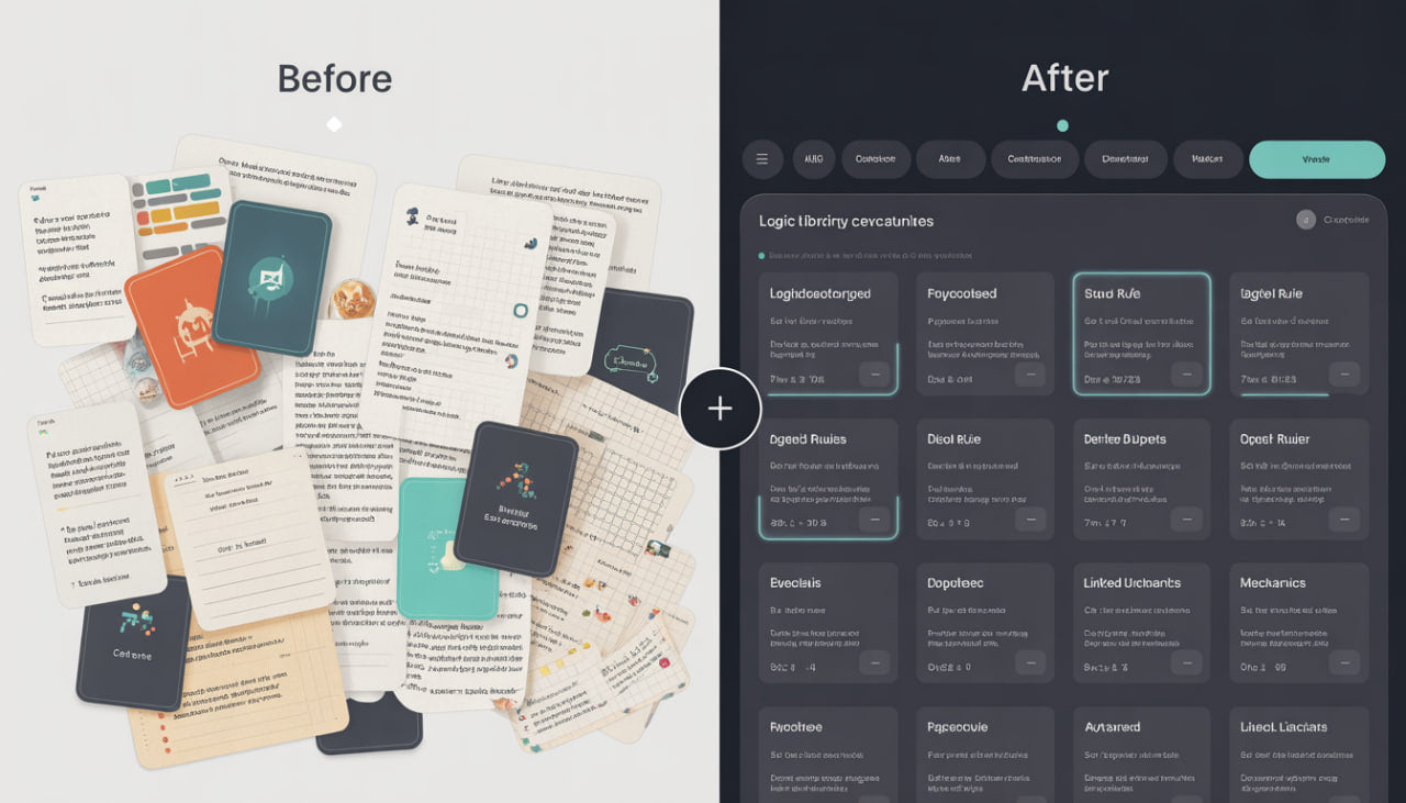 Comparison of a cluttered digital workspace with 'Before' and 'After' showing a more organized interface.
