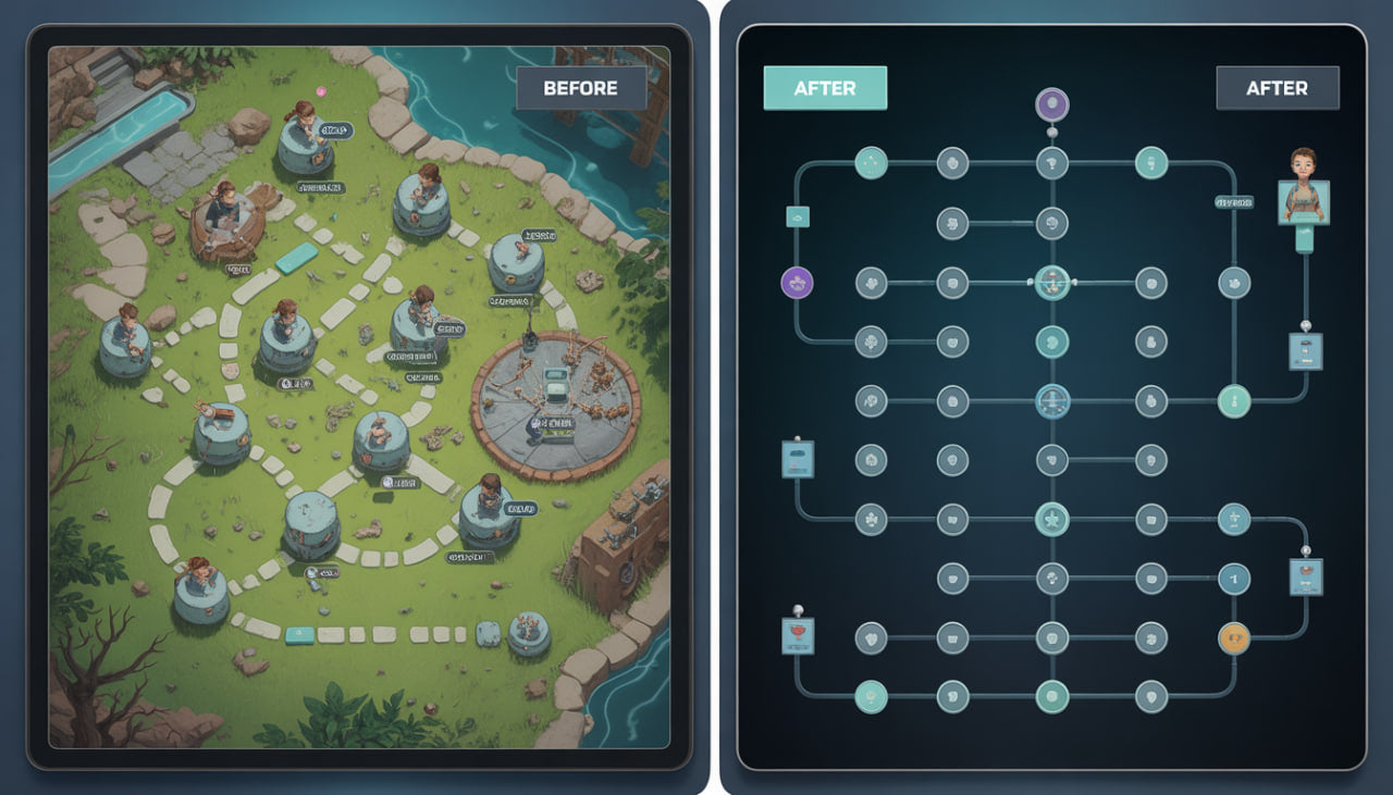 Before and after comparison of a game map layout on two tablets.