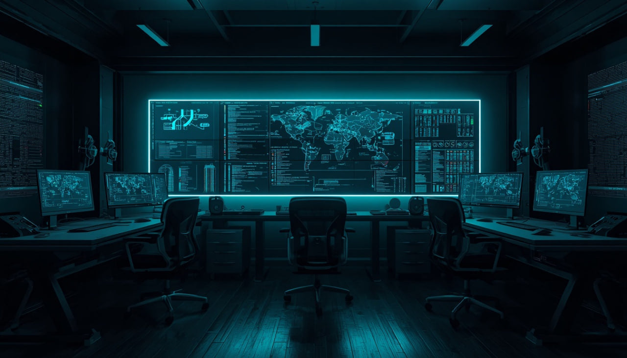Dark control room with multiple computer monitors displaying data and a world map.