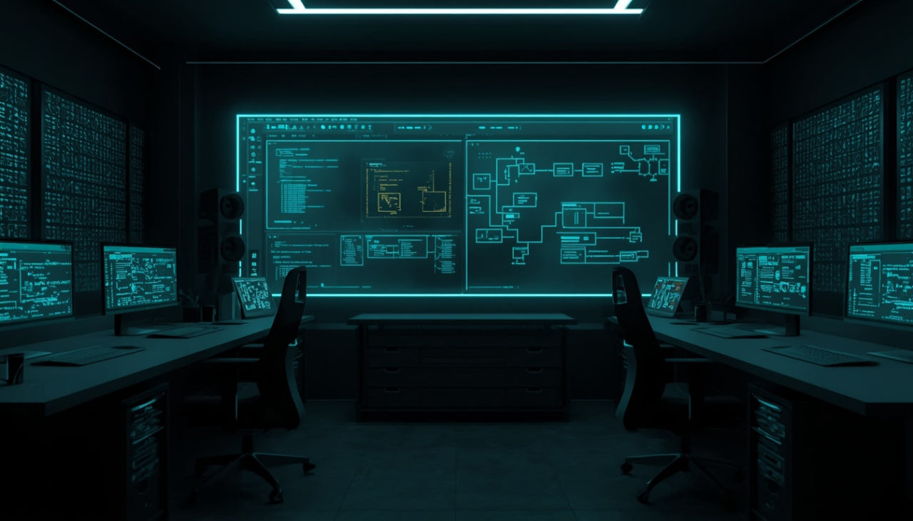 Dark room with people working at desks with computer monitors displaying blue digital interfaces.