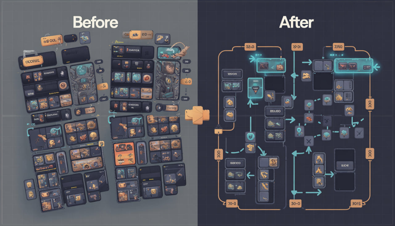 Before and after comparison of a game interface design with layout changes.