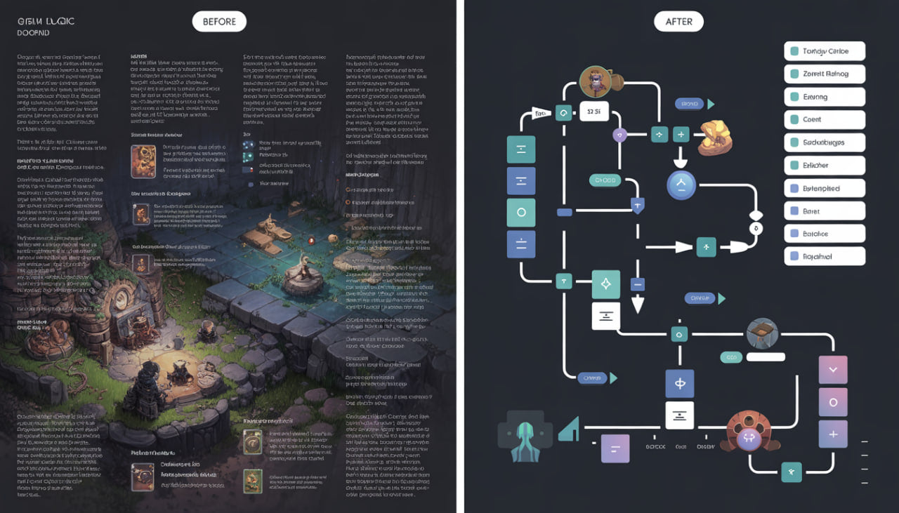 Side-by-side comparison of a detailed map on the left and a flowchart on the right, both set against a dark background.