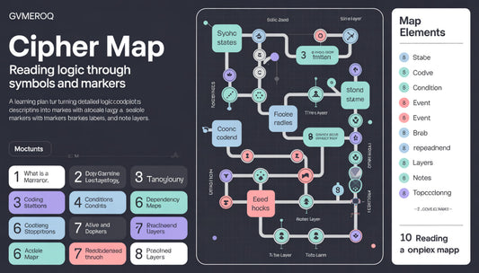 Cipher map with symbols and markers for reading logic, featuring a dark background with colorful elements.