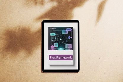 Digital tablet displaying 'Flux Framework' on a textured beige background