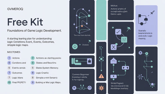 Free kit for game logic development with various icons and text on a light blue background
