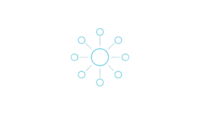 Blue circular icon with multiple branches on a white background