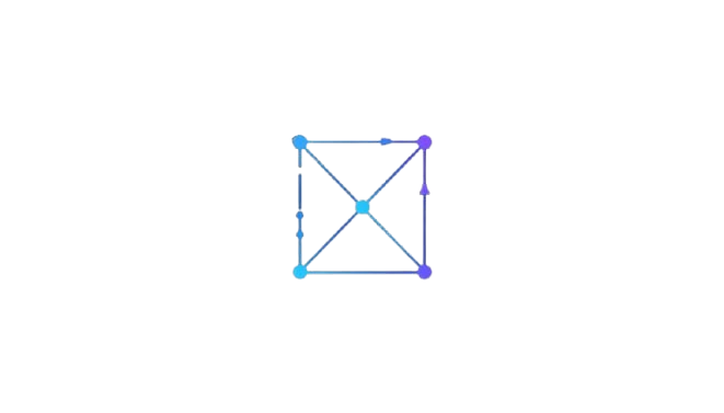 Geometric design with blue and purple dots connected by lines on a white background